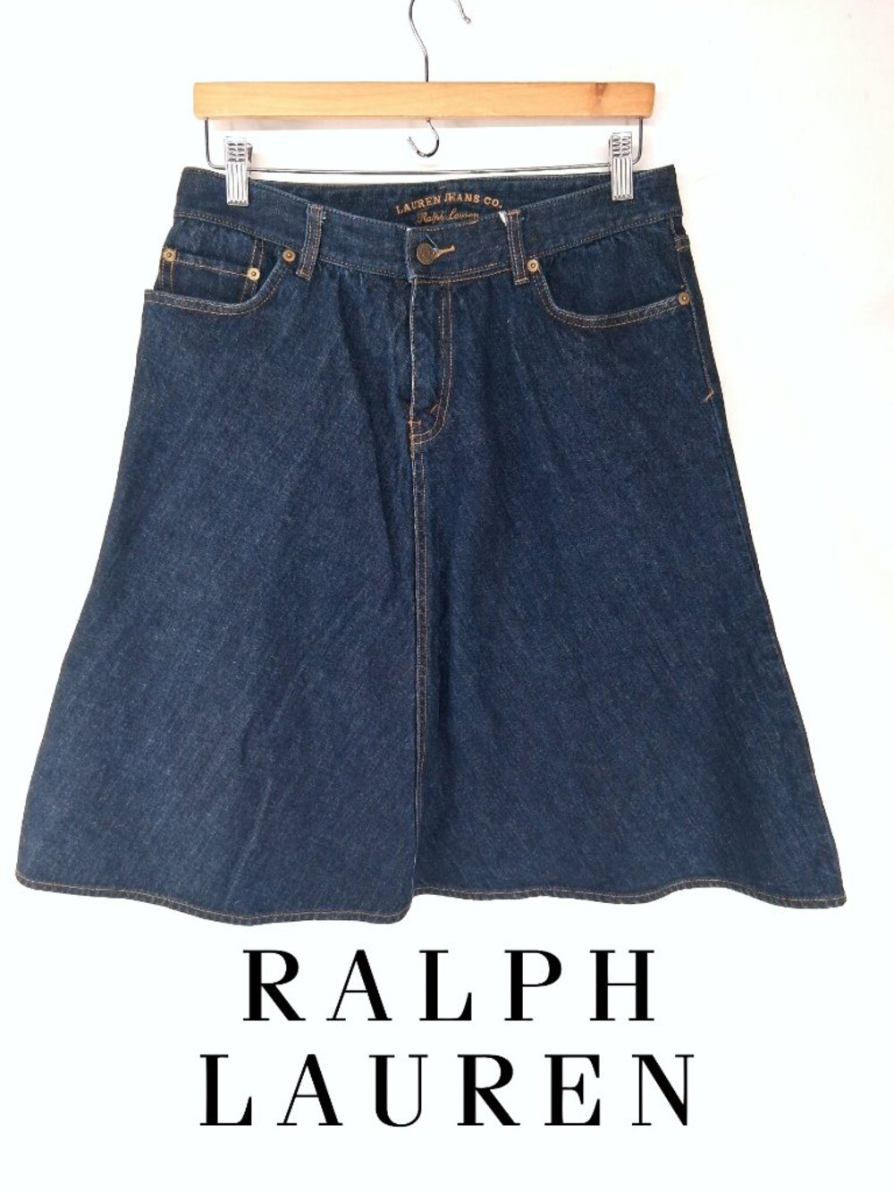 Ralph Lauren Jeans Co Denim A-Line Midi Skirt 5 Pocket Dark Wash Cotton Size 8